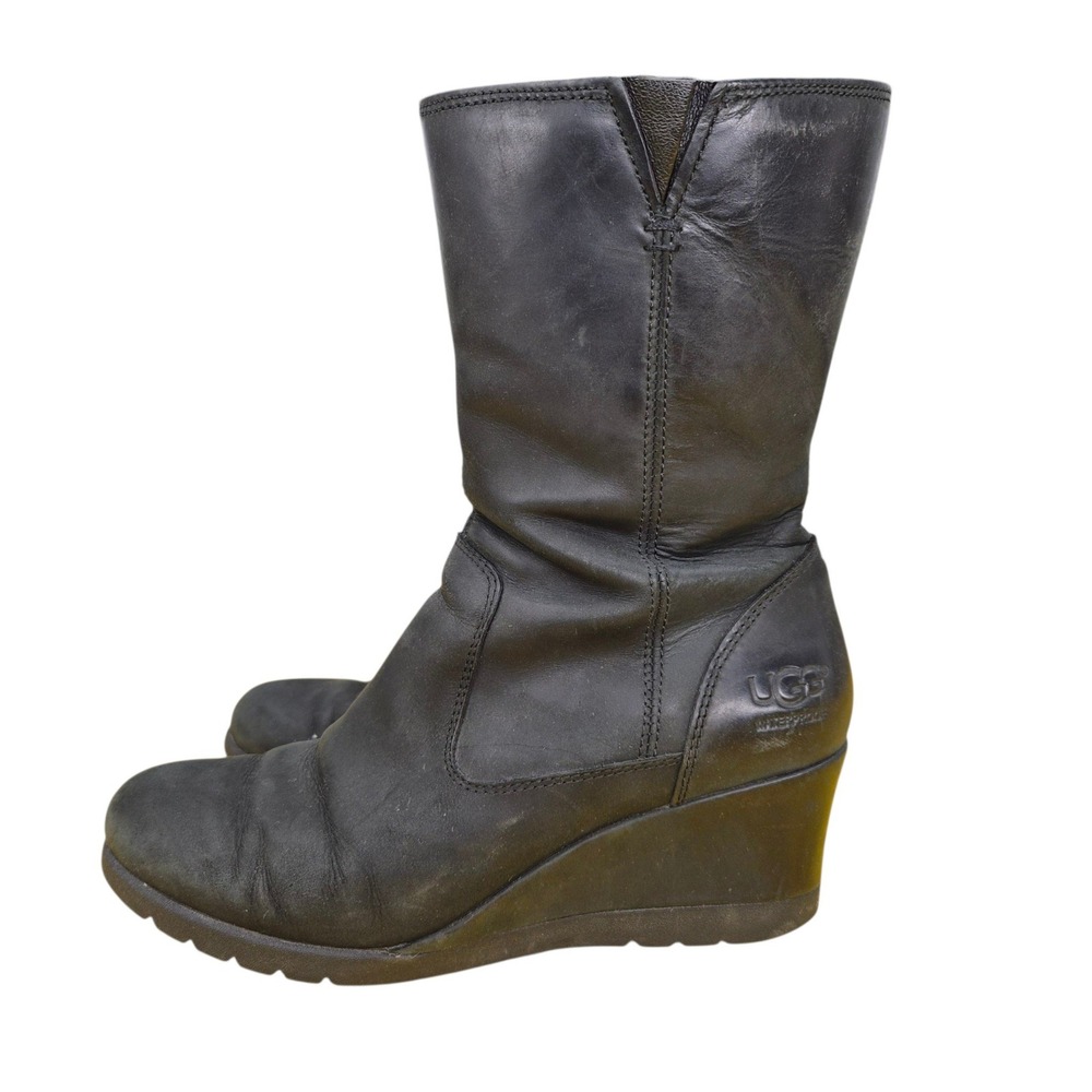 UGG Lucianna Black Waterproof Leather Wedge Mid Calf Boots 1012522 Womens 6